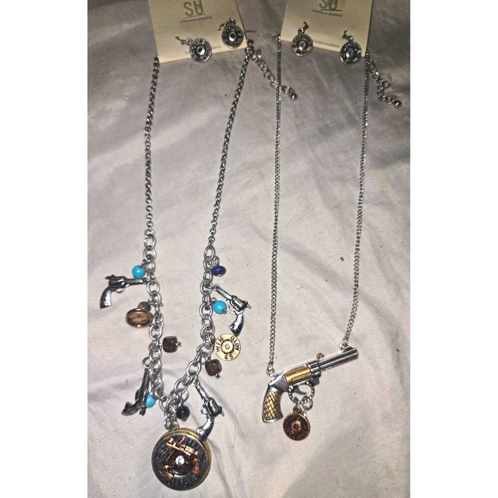 Western Shotgun Shell & Revolver Charm Jewelry Set, Necklace Bracelet Earrings